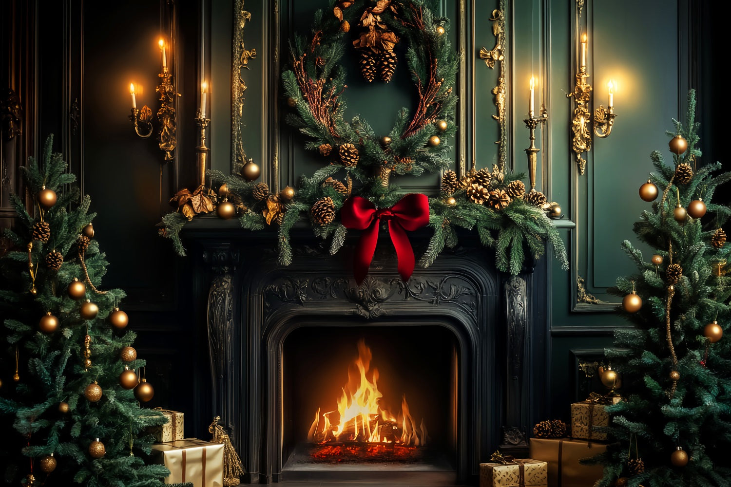 Victorian Christmas Backdrop Emerald Fireplace Holiday Warmth Victorian Backdrop LXX510-135