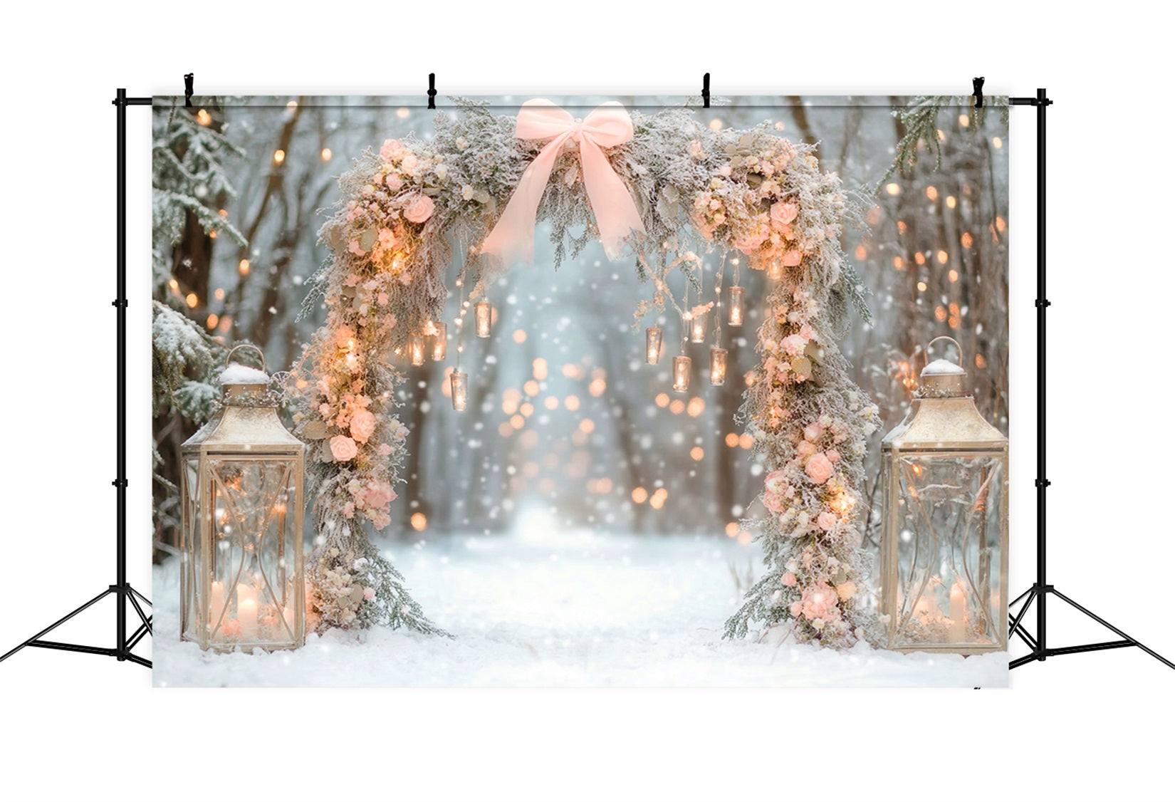 Pink Bow Backdrop Snowy Floral Lantern Arch Winter Backdrop LXX510-137