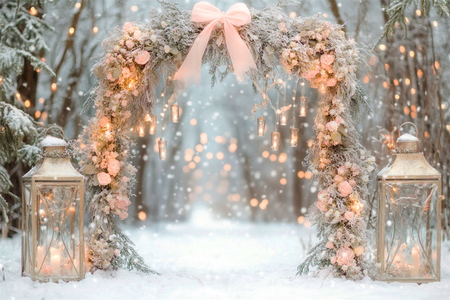 Pink Bow Backdrop Snowy Floral Lantern Arch Winter Backdrop LXX510-137