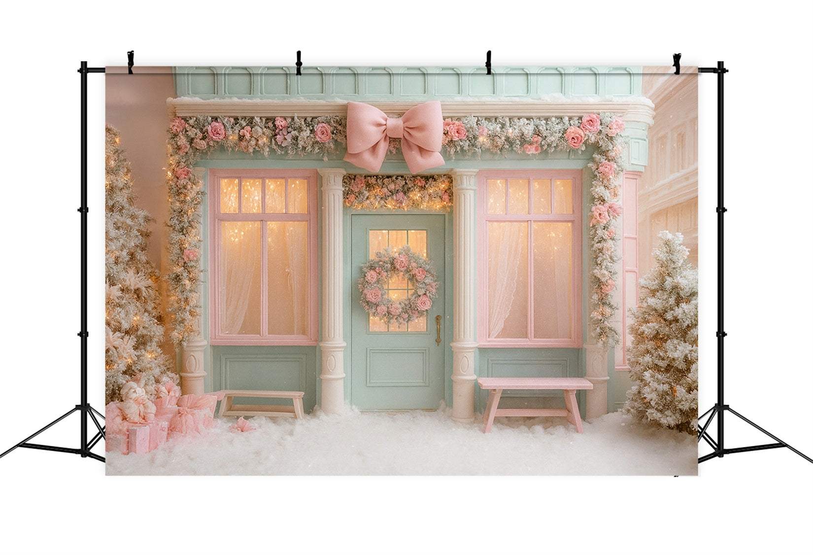 Pink Bow Backdrop Pastel Winter Boutique Doorway Christmas Photo Backdrop LXX510-138