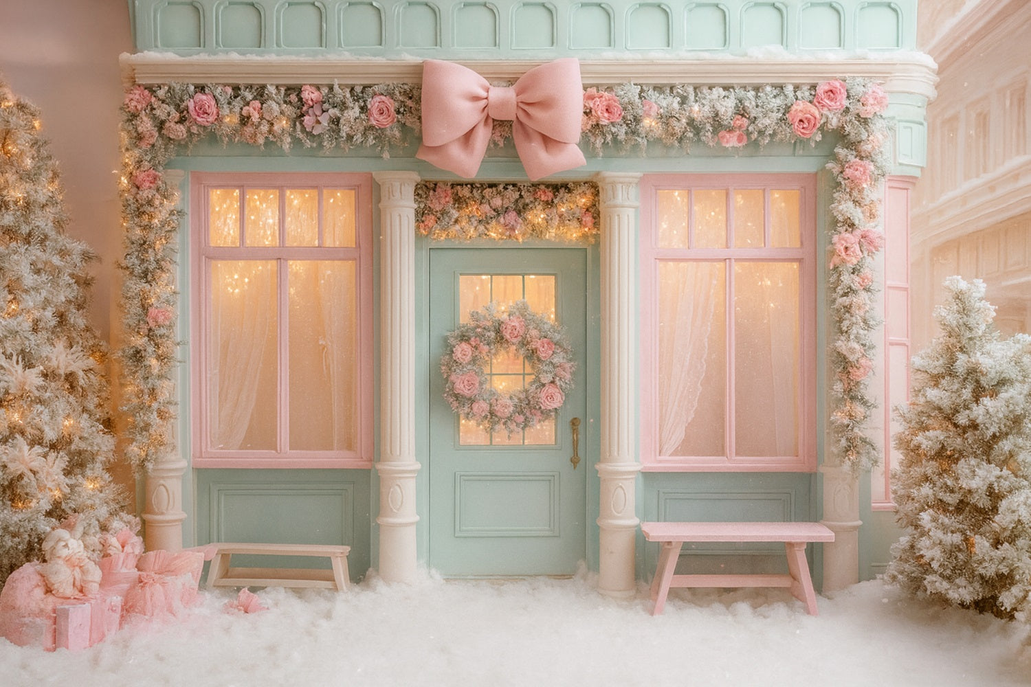 Pink Bow Backdrop Pastel Winter Boutique Doorway Christmas Photo Backdrop LXX510-138