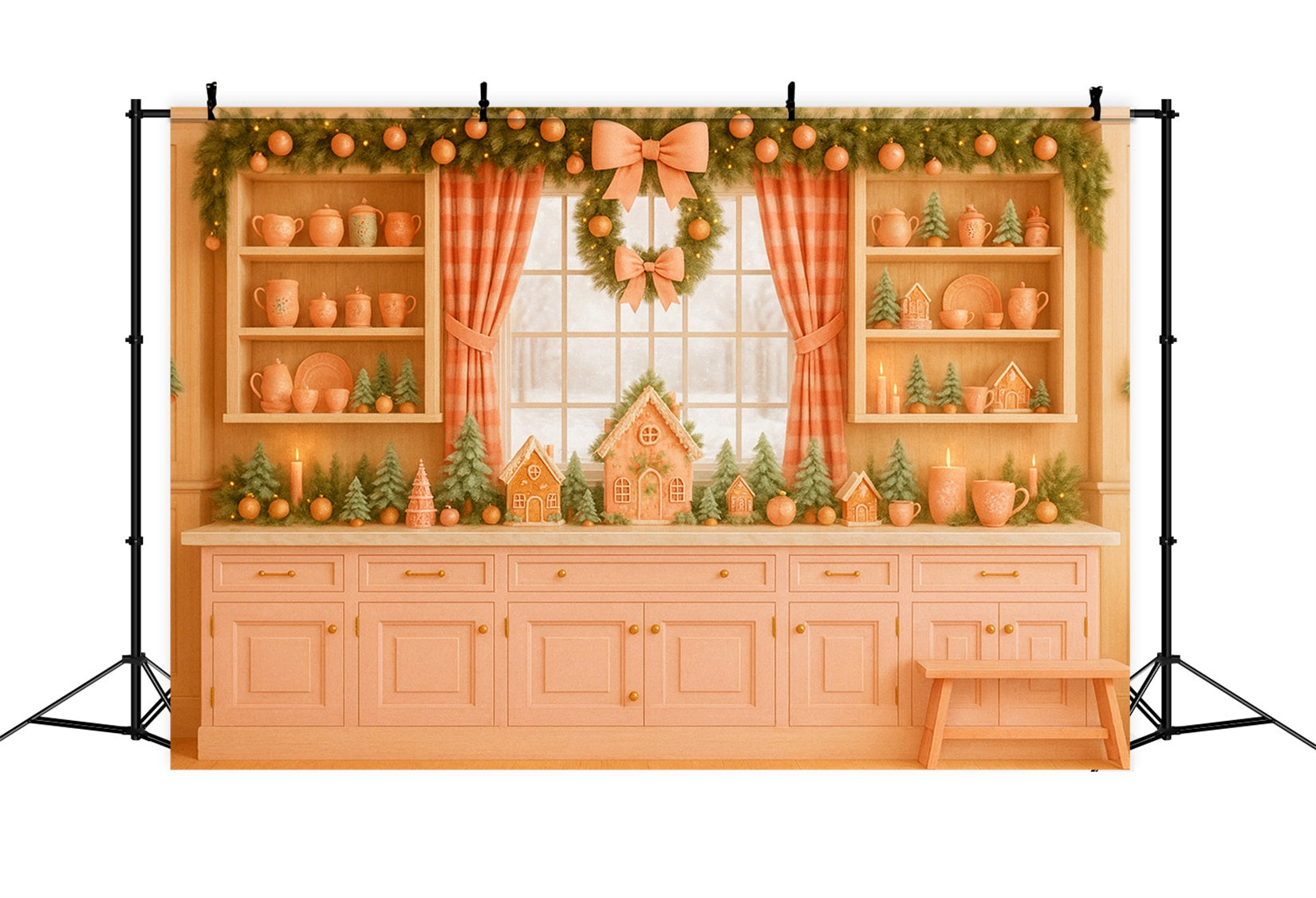 Pink Bow Backdrop Gingerbread Kitchen Holiday Charm Christmas Backdrop LXX510-139