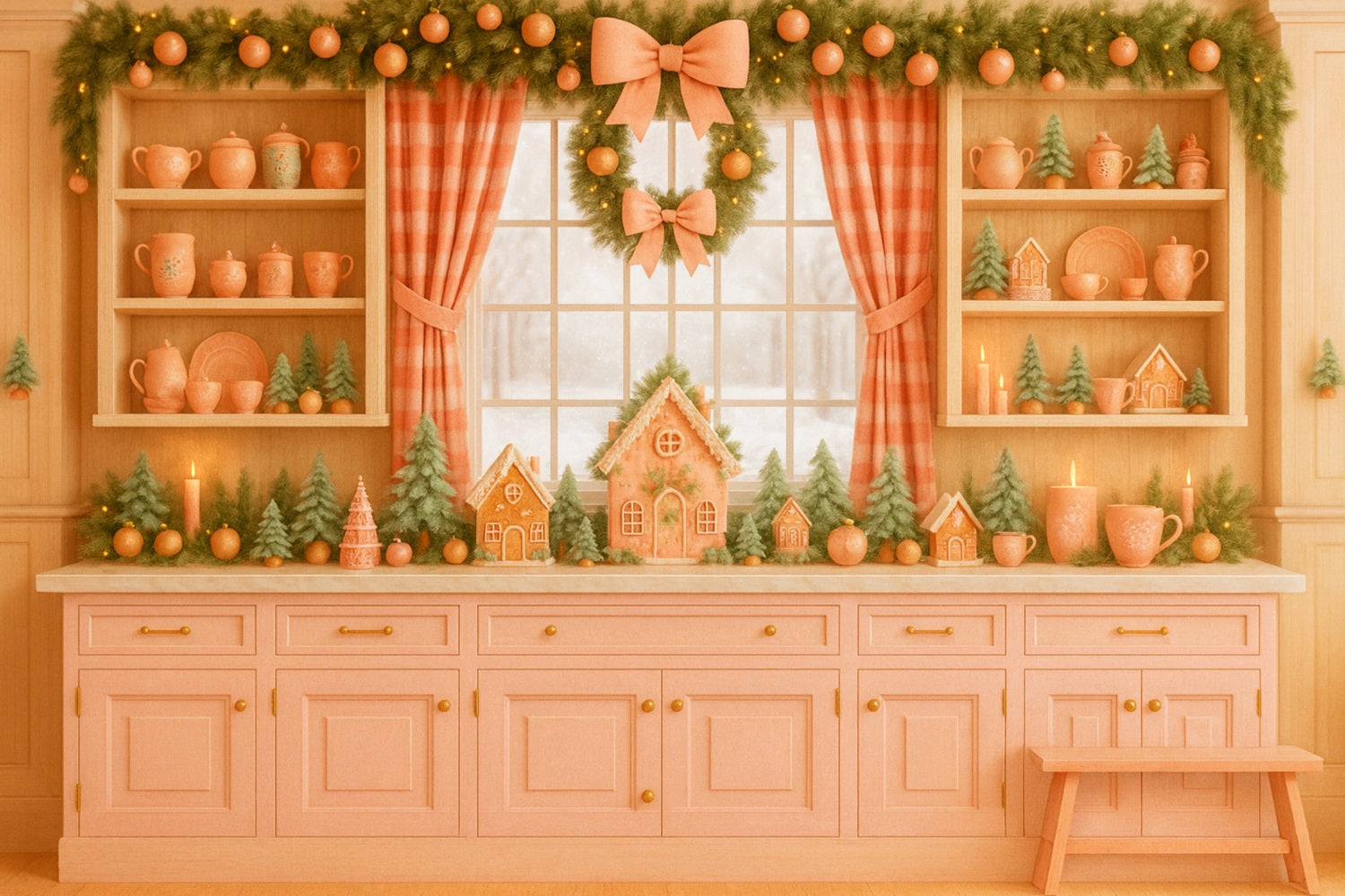 Pink Bow Backdrop Gingerbread Kitchen Holiday Charm Christmas Backdrop LXX510-139