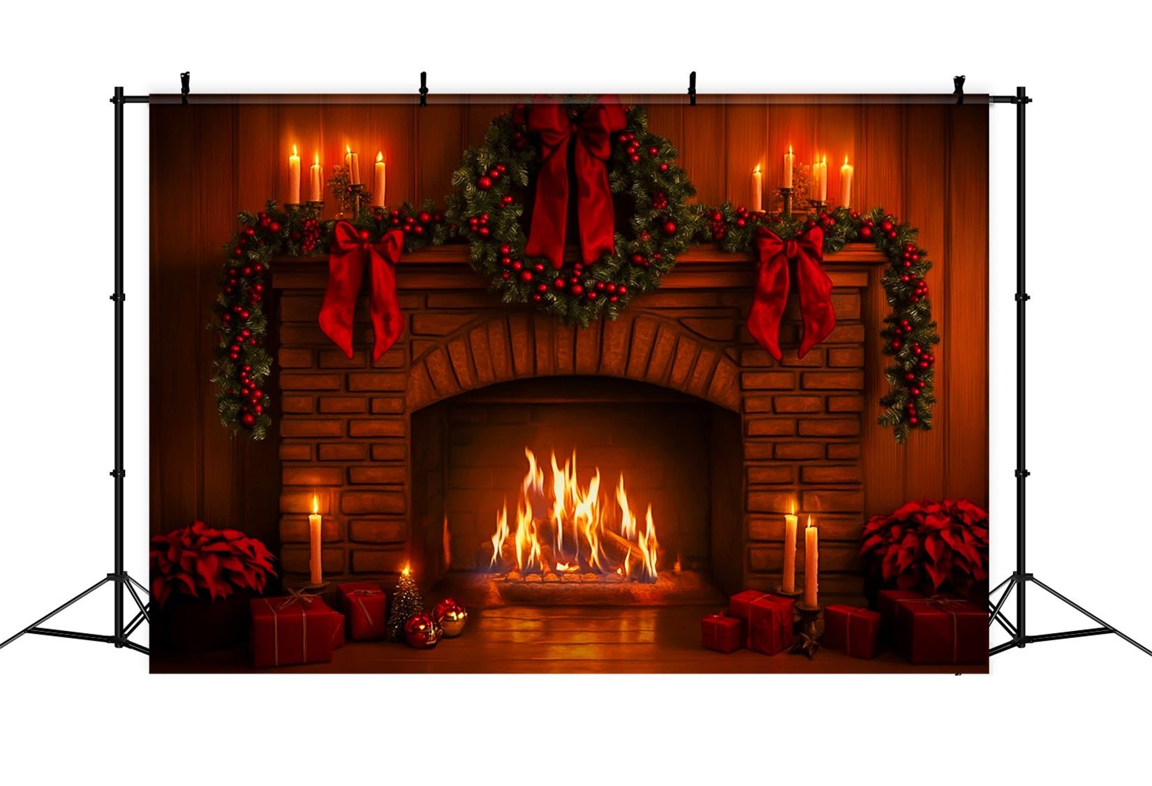 Pink Bow Backdrop Red Garland Fireplace Glow Christmas Photo Backdrop LXX510-140