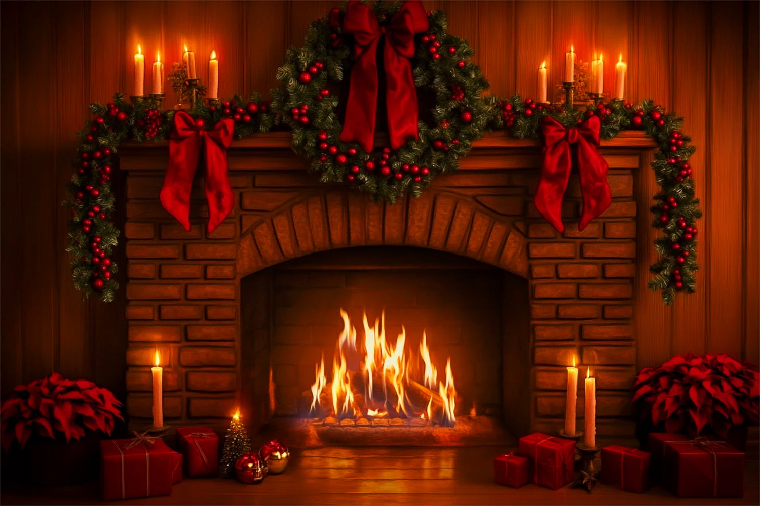 Pink Bow Backdrop Red Garland Fireplace Glow Christmas Photo Backdrop LXX510-140