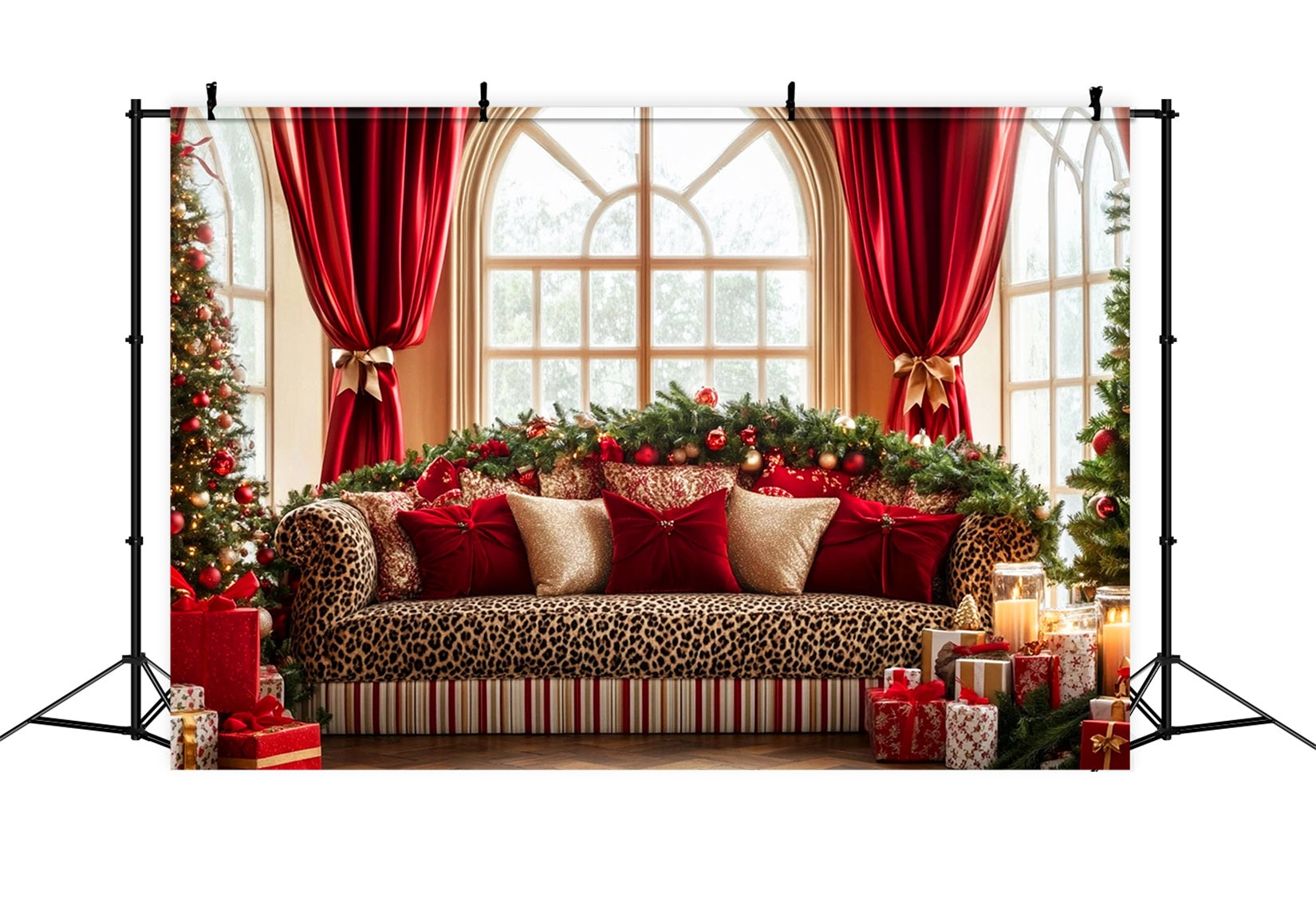 Big Bow Backdrop Leopard Sofa Holiday Elegance Christmas Backdrop LXX510-141