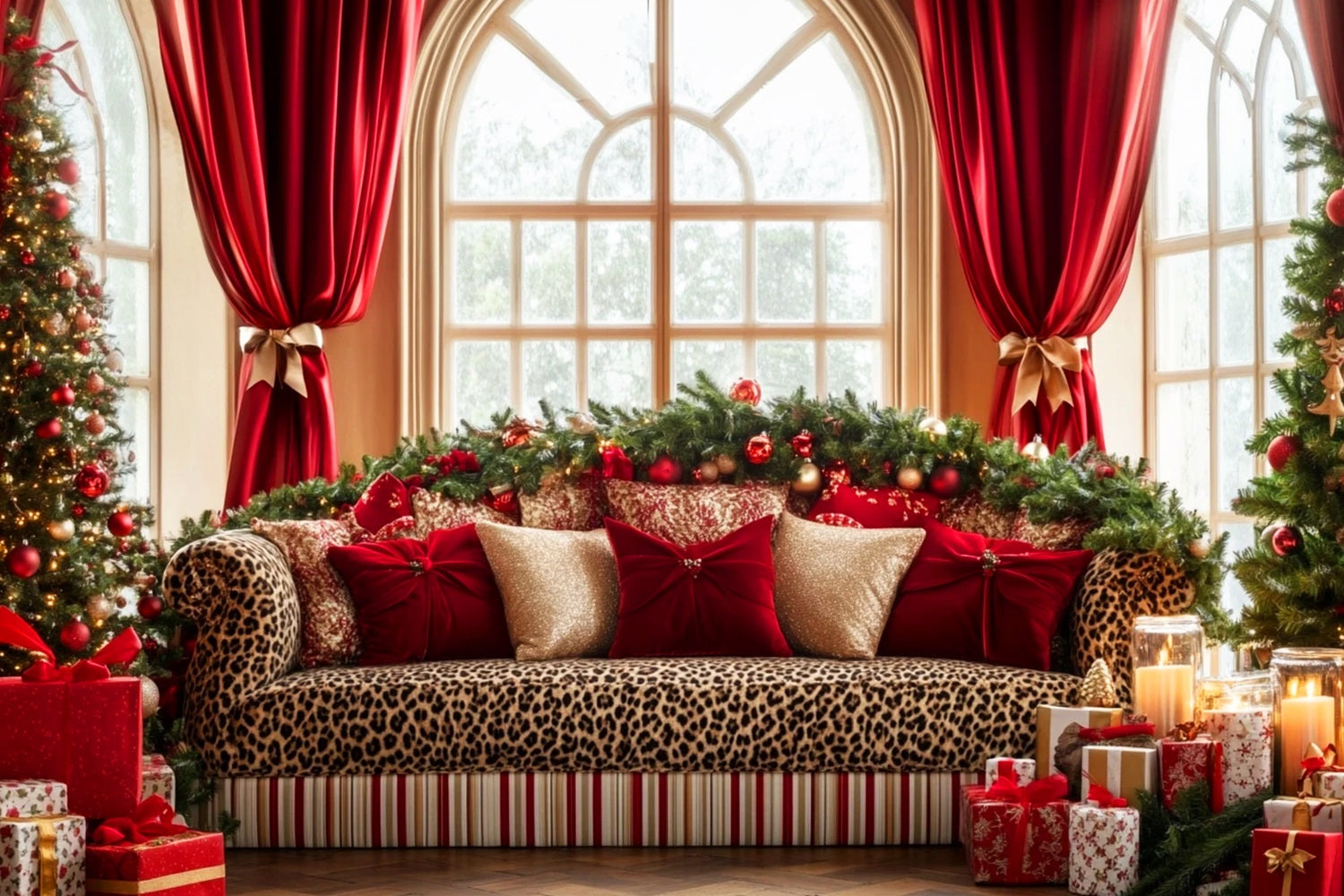 Big Bow Backdrop Leopard Sofa Holiday Elegance Christmas Backdrop LXX510-141
