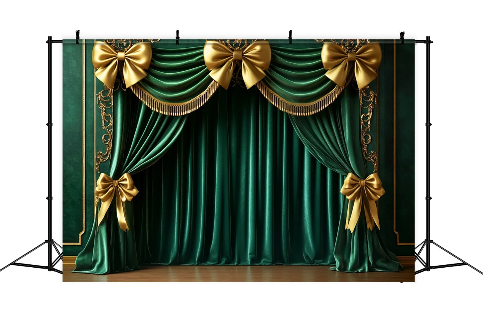 Bow Backdrop Emerald Curtain Golden Glamour Christmas Photo Backdrop LXX510-142