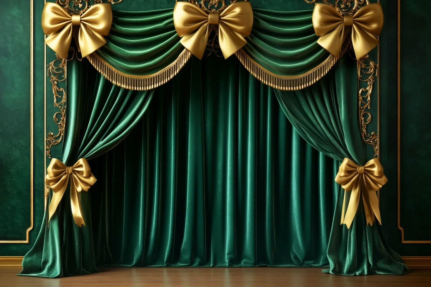 Bow Backdrop Emerald Curtain Golden Glamour Christmas Photo Backdrop LXX510-142