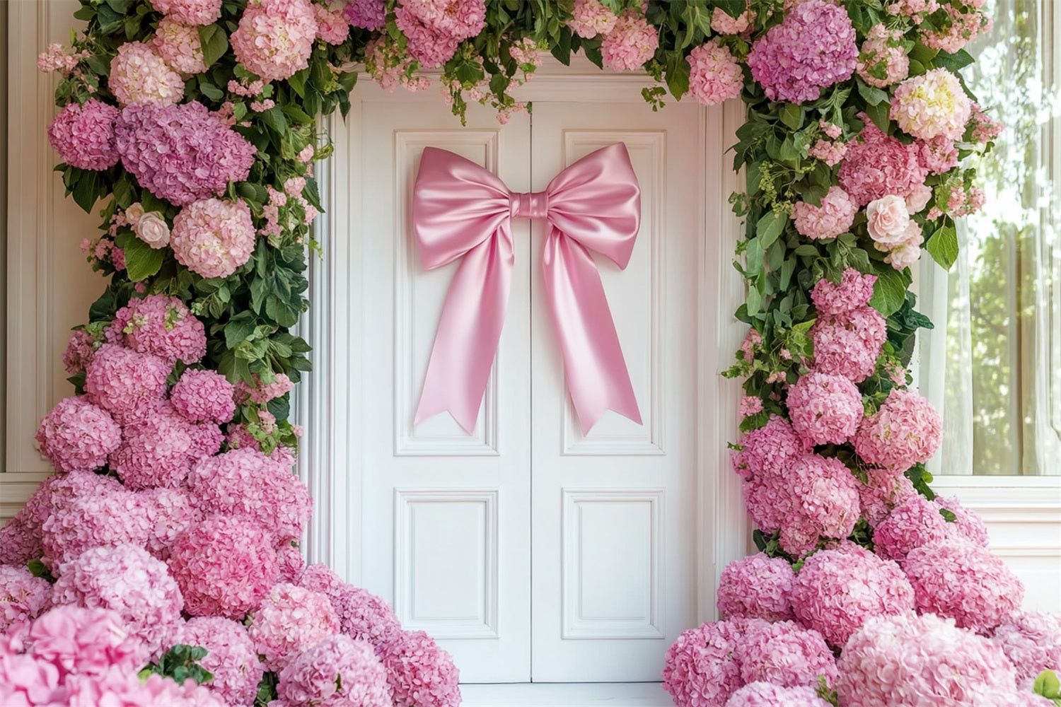 Bow Backdrop Pink Hydrangea Door Arch Flower Backdrop LXX510-143