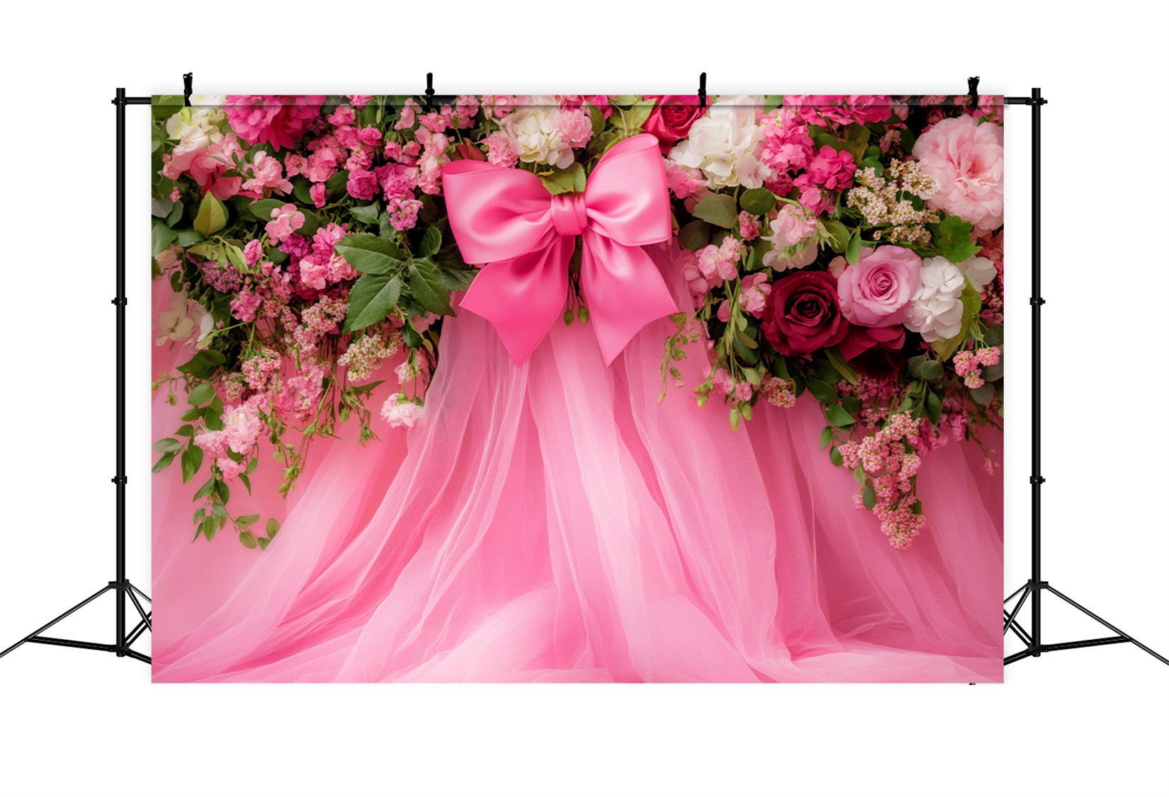 Large Bow Backdrop Pink Floral Tulle Fantasy Flower Backdrop LXX510-150