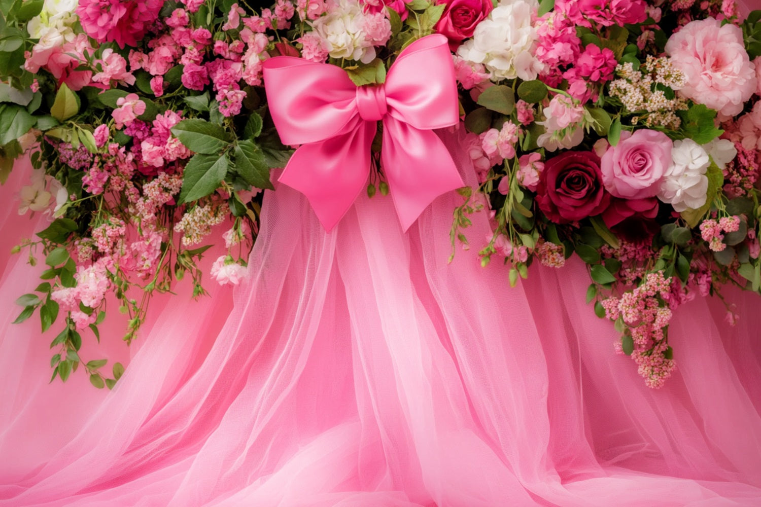 Large Bow Backdrop Pink Floral Tulle Fantasy Flower Backdrop LXX510-150