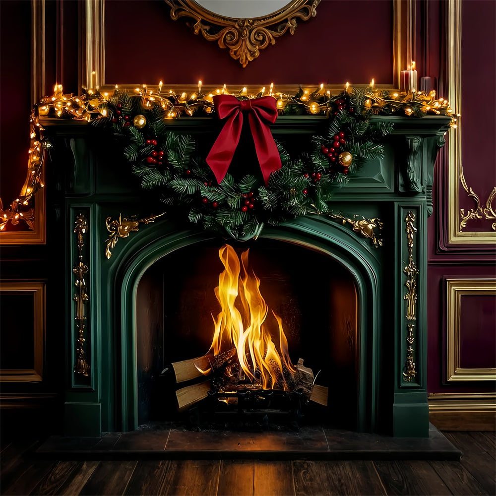 Bow Backdrop Emerald Fireplace Holiday Glow Christmas Backdrop LXX510-151