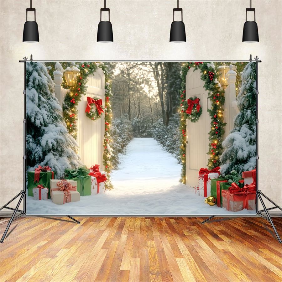 Bow Backdrop Snowy Gate Forest Pathway Christmas Backdrop LXX510-152