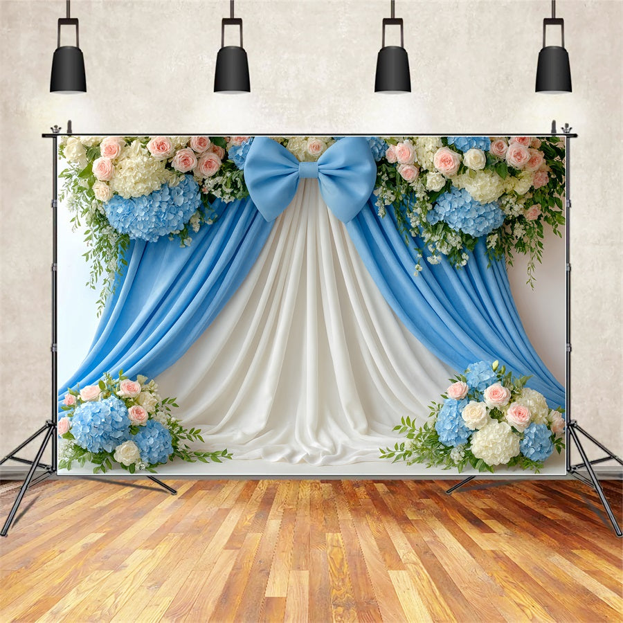 Large Bow Backdrop Blue Floral Draped Elegance Flower Backdrop LXX510-153