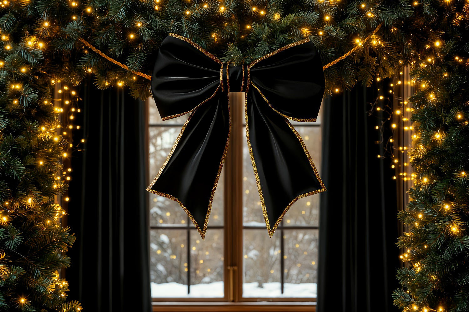 Large Bow Backdrop Black Ribbon Glow Window Christmas Backdrop LXX510-