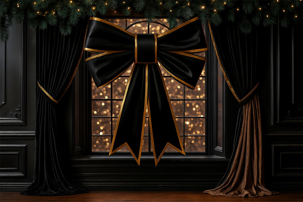 Large Bow Backdrop Elegant Black Gold Window Christmas Photo Backdrop