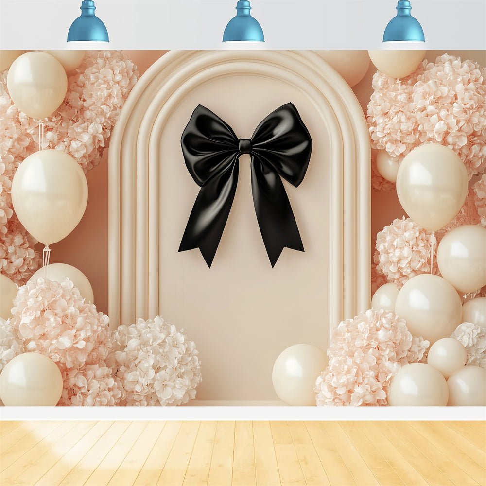 Black Bow Backdrop Cream Balloons Black Ribbon Flower Backdrop LXX510-