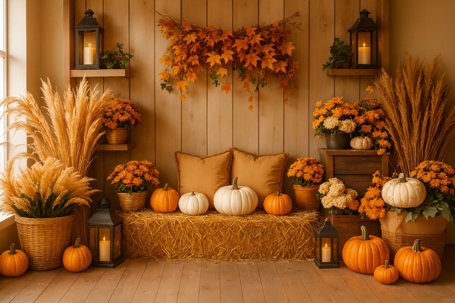 Pumpkin Photo Backdrop Cozy Autumn Pumpkin Corner Thanksgiving Photo Backdrop LXX510-19