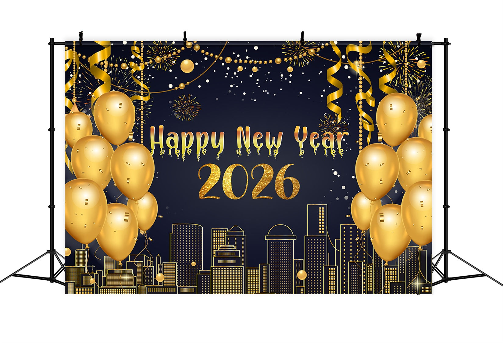 Happy New Year Backdrop Metallic Streamers Skyline Glow New Year Backdrop LXX510-2