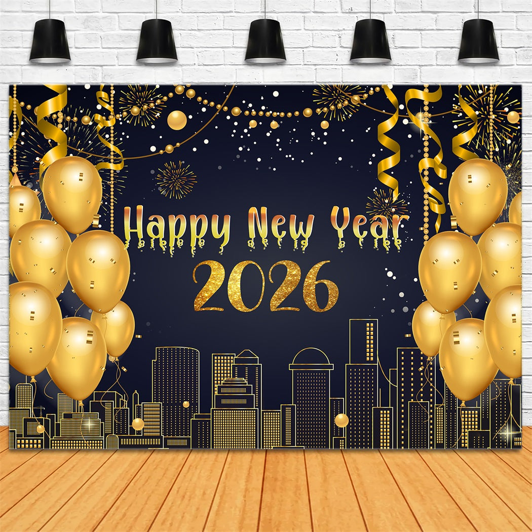 Happy New Year Backdrop Metallic Streamers Skyline Glow New Year Backdrop LXX510-2
