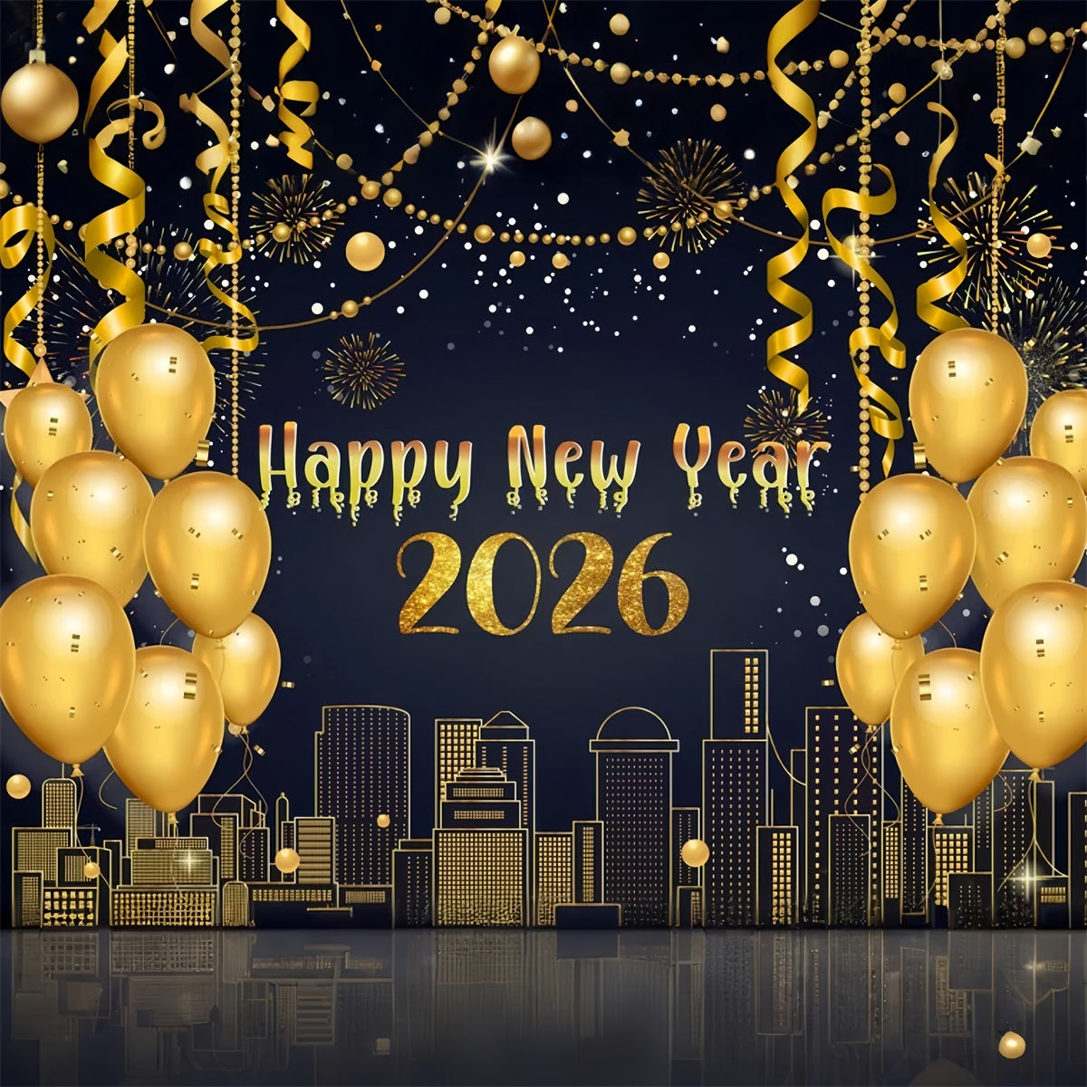 Happy New Year Backdrop Metallic Streamers Skyline Glow New Year Backdrop LXX510-2