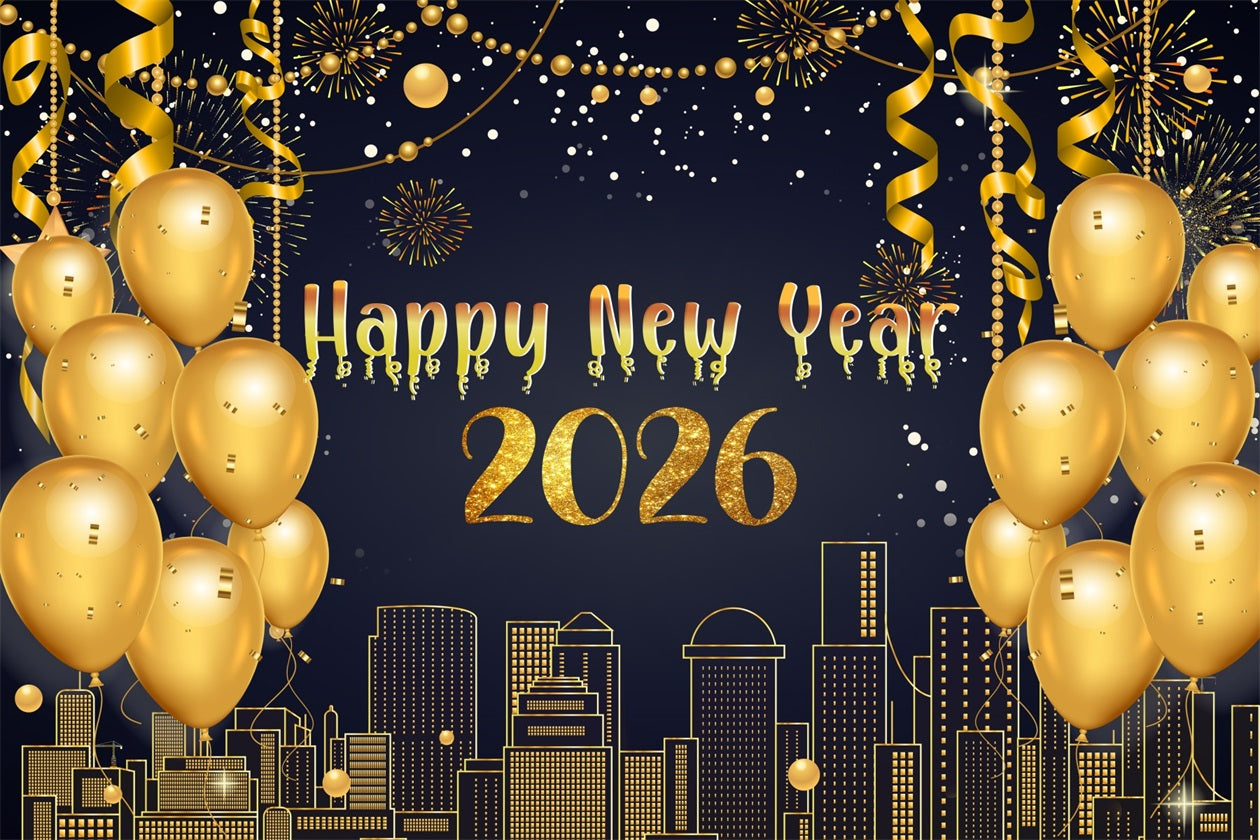 Happy New Year Backdrop Metallic Streamers Skyline Glow New Year Backdrop LXX510-2