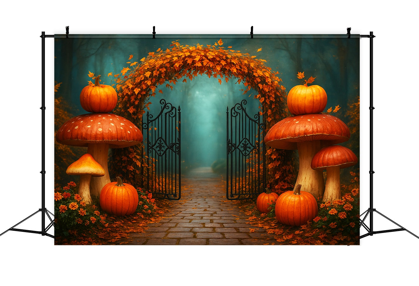 Pumpkins Gate Backdrop Maple Arch Forest Path Thanksgiving Backdrops LXX510-20