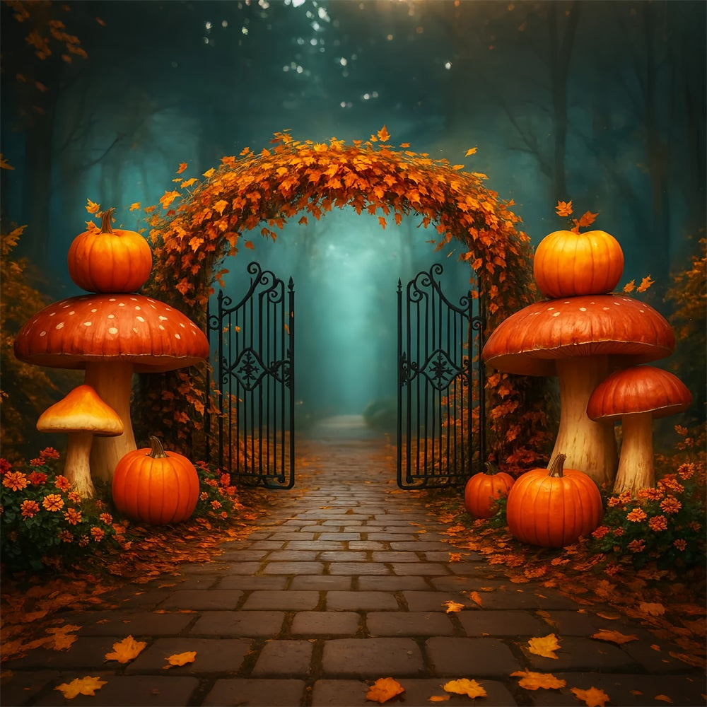 Pumpkins Gate Backdrop Maple Arch Forest Path Thanksgiving Backdrops LXX510-20