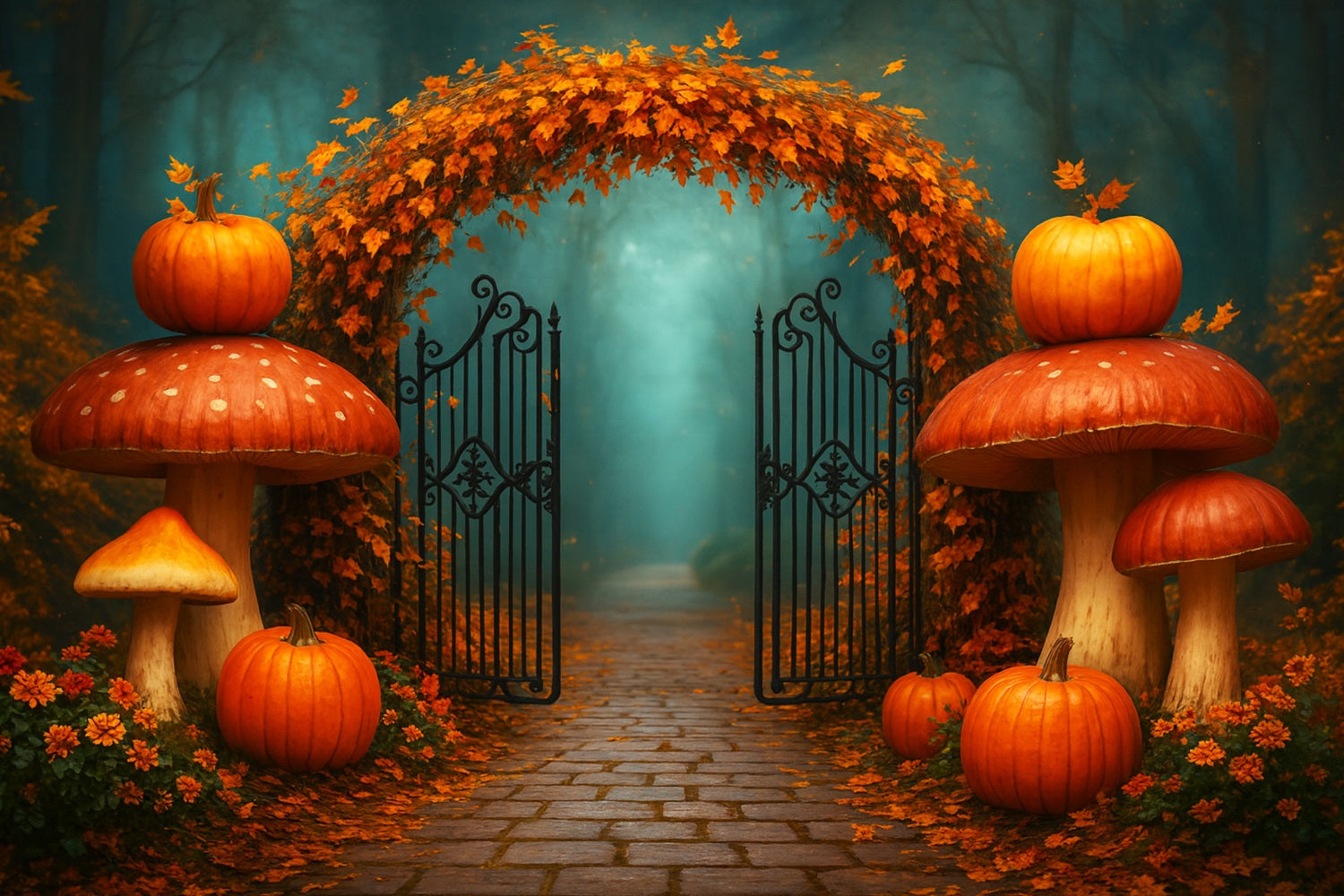 Pumpkins Gate Backdrop Maple Arch Forest Path Thanksgiving Backdrops LXX510-20