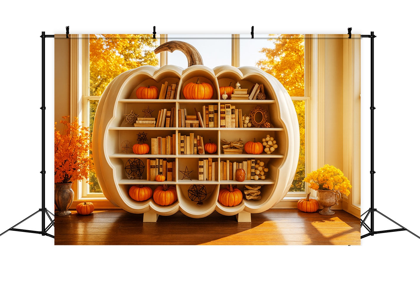 Pumpkin Photo Backdrop Bookshelf Autumn Glow Thanksgiving Photo Backdrops LXX510-22