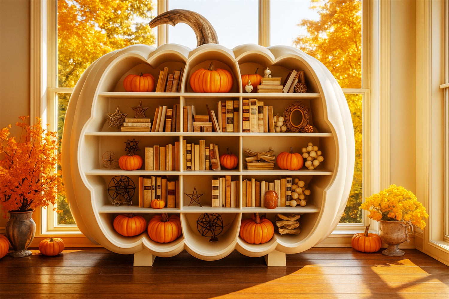 Pumpkin Photo Backdrop Bookshelf Autumn Glow Thanksgiving Photo Backdrops LXX510-22