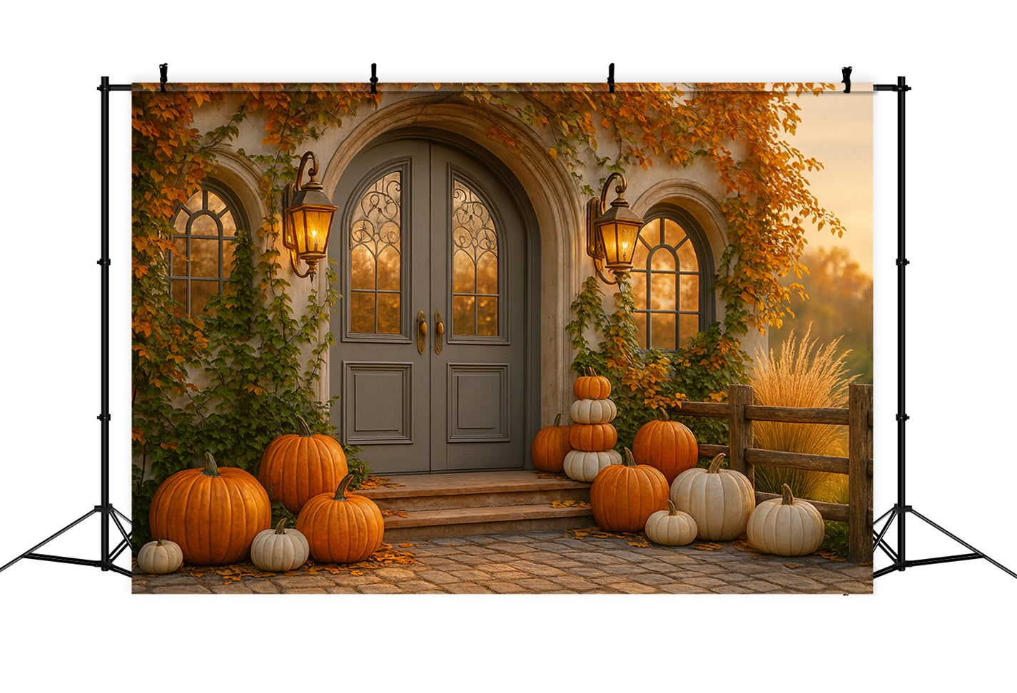 Pumpkin Backdrop Cottage Door Pumpkin Porch Happy Thanksgiving Backdrop LXX510-23