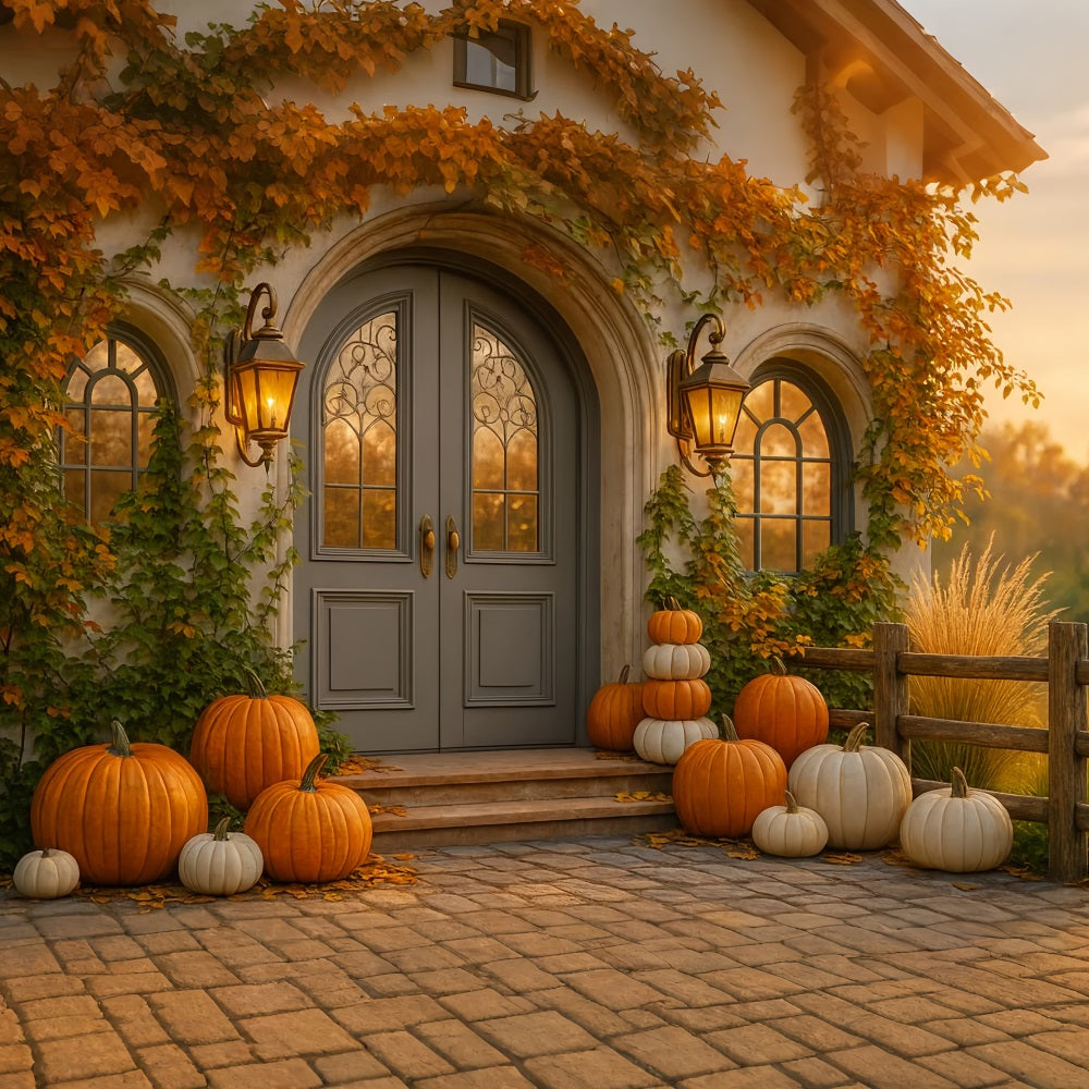 Pumpkin Backdrop Cottage Door Pumpkin Porch Happy Thanksgiving Backdrop LXX510-23