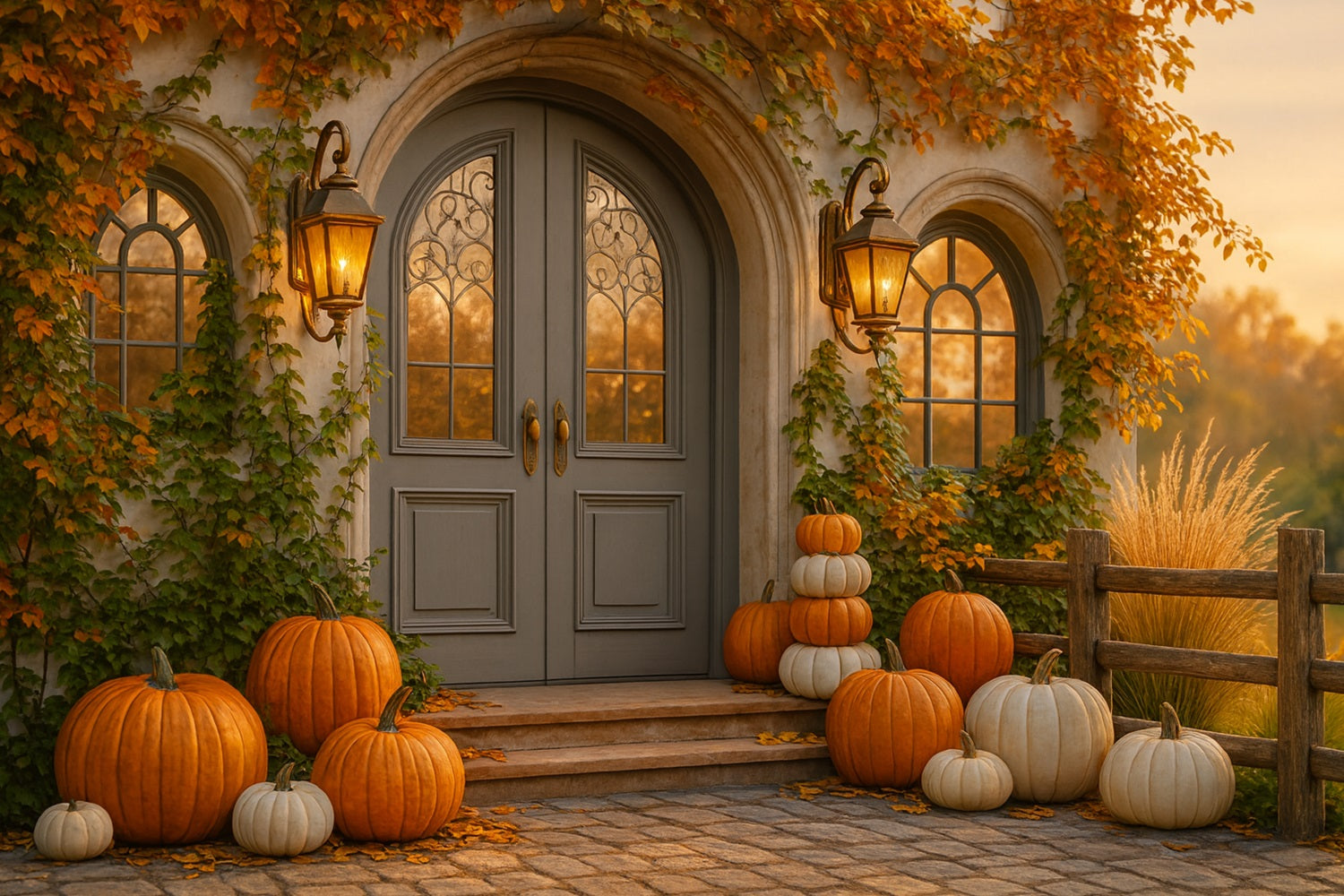 Pumpkin Backdrop Cottage Door Pumpkin Porch Happy Thanksgiving Backdrop LXX510-23