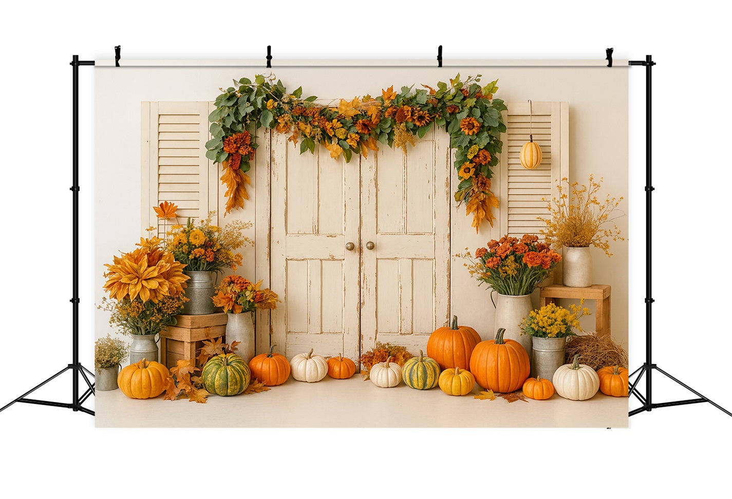 Pumpkin Backdrop Vintage Door Harvest Florals Thanksgiving Photo Backdrop LXX510-25