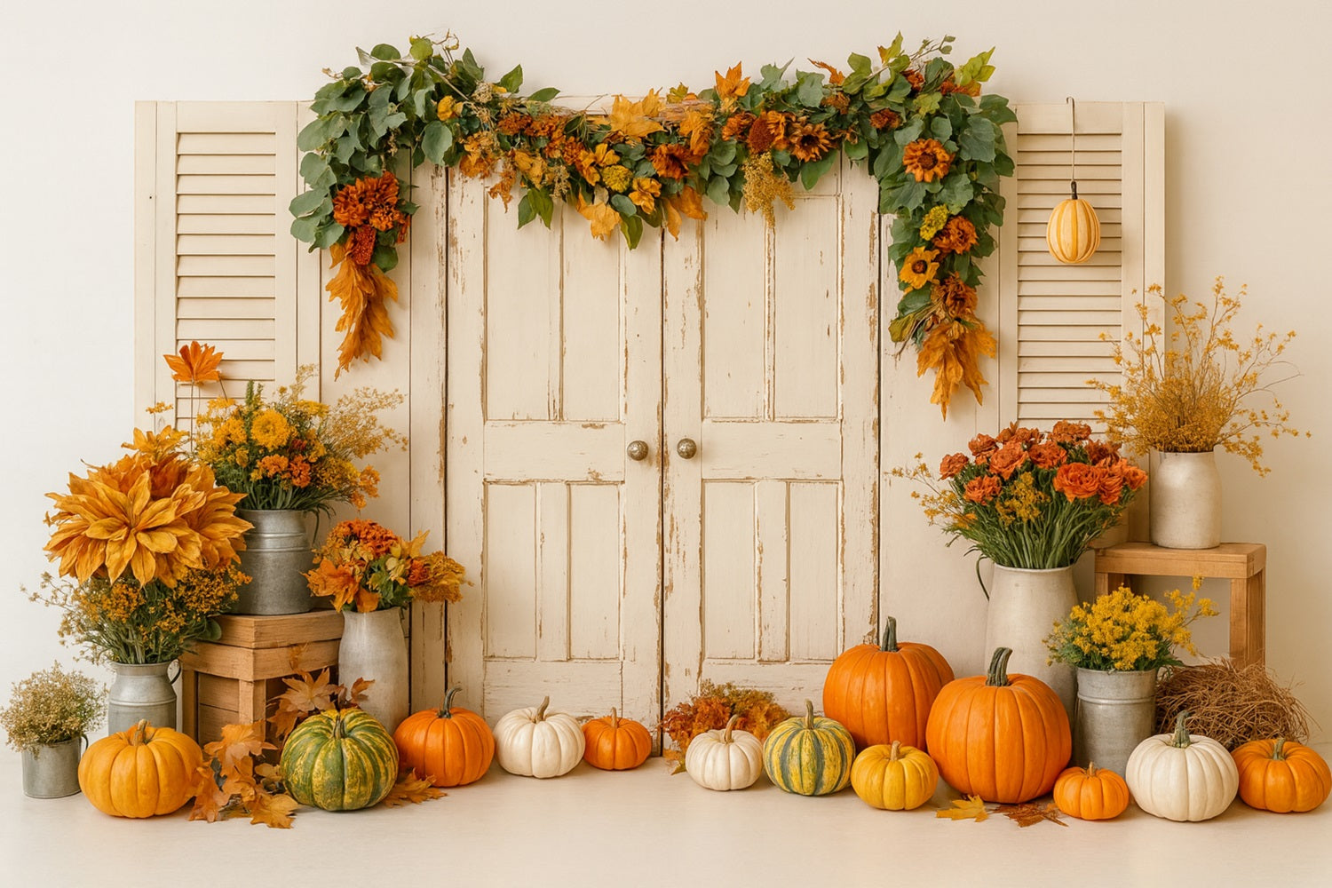 Pumpkin Backdrop Vintage Door Harvest Florals Thanksgiving Photo Backdrop LXX510-25