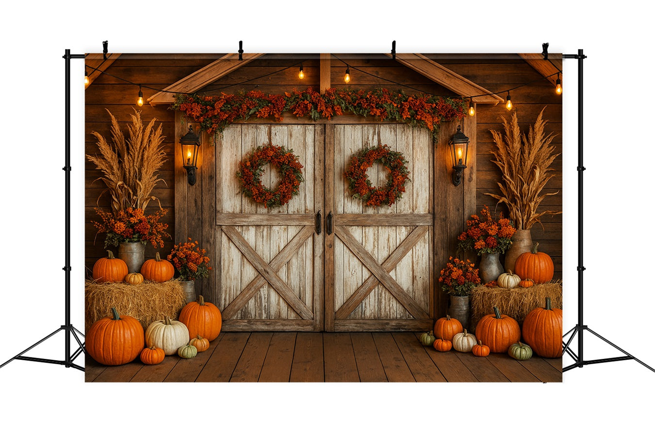 Farm Backdrop Rustic Barn Autumn Wreaths Thanksgiving Backdrop Ideas LXX510-27