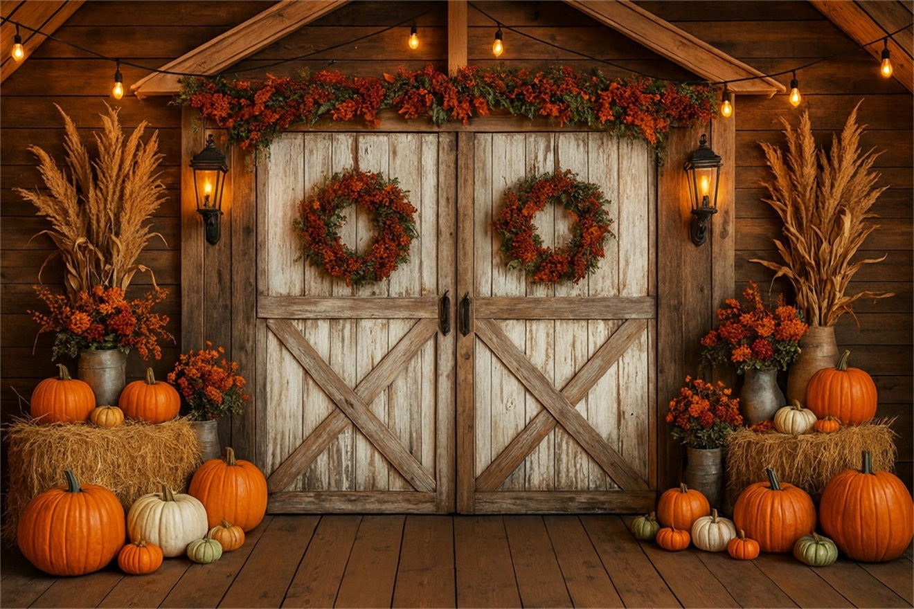 Farm Backdrop Rustic Barn Autumn Wreaths Thanksgiving Backdrop Ideas LXX510-27