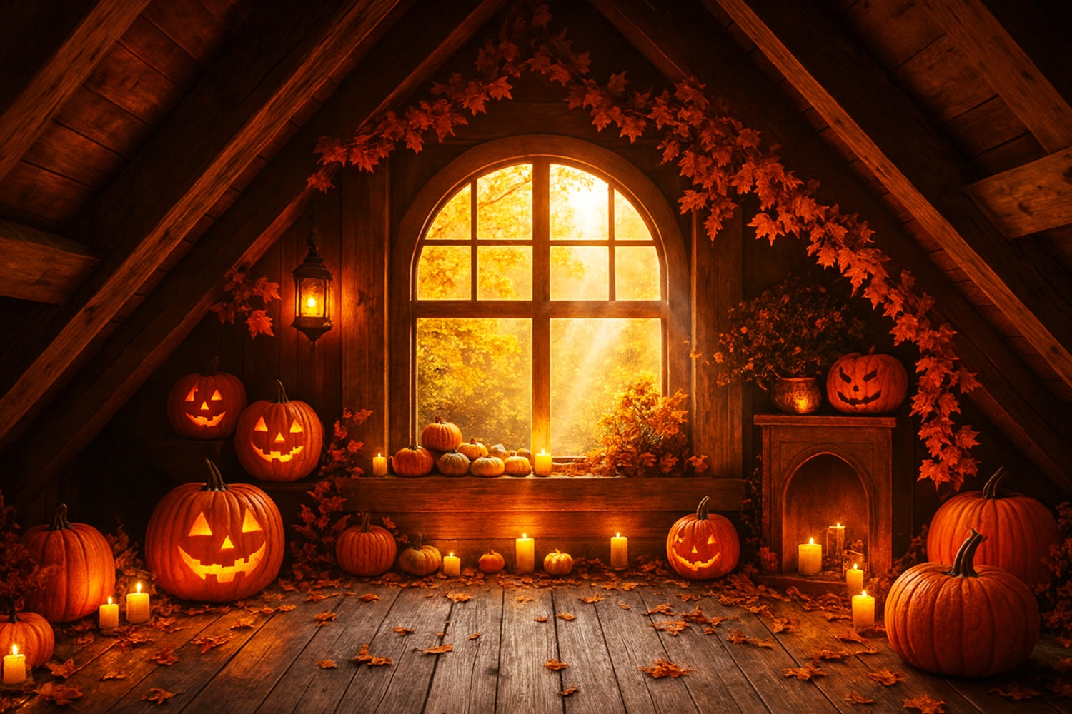 Farm Backdrop Cozy Attic Pumpkin Glow Happy Thanksgiving Backdrop LXX510-29