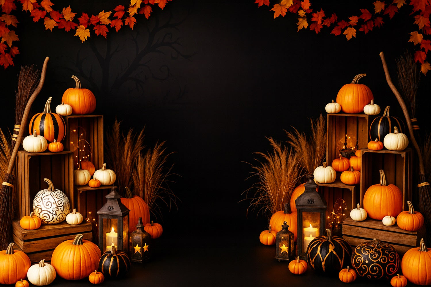 Farm Backdrop Golden Maple Lantern Glow Thanksgiving Photo Backdrop LXX510-31
