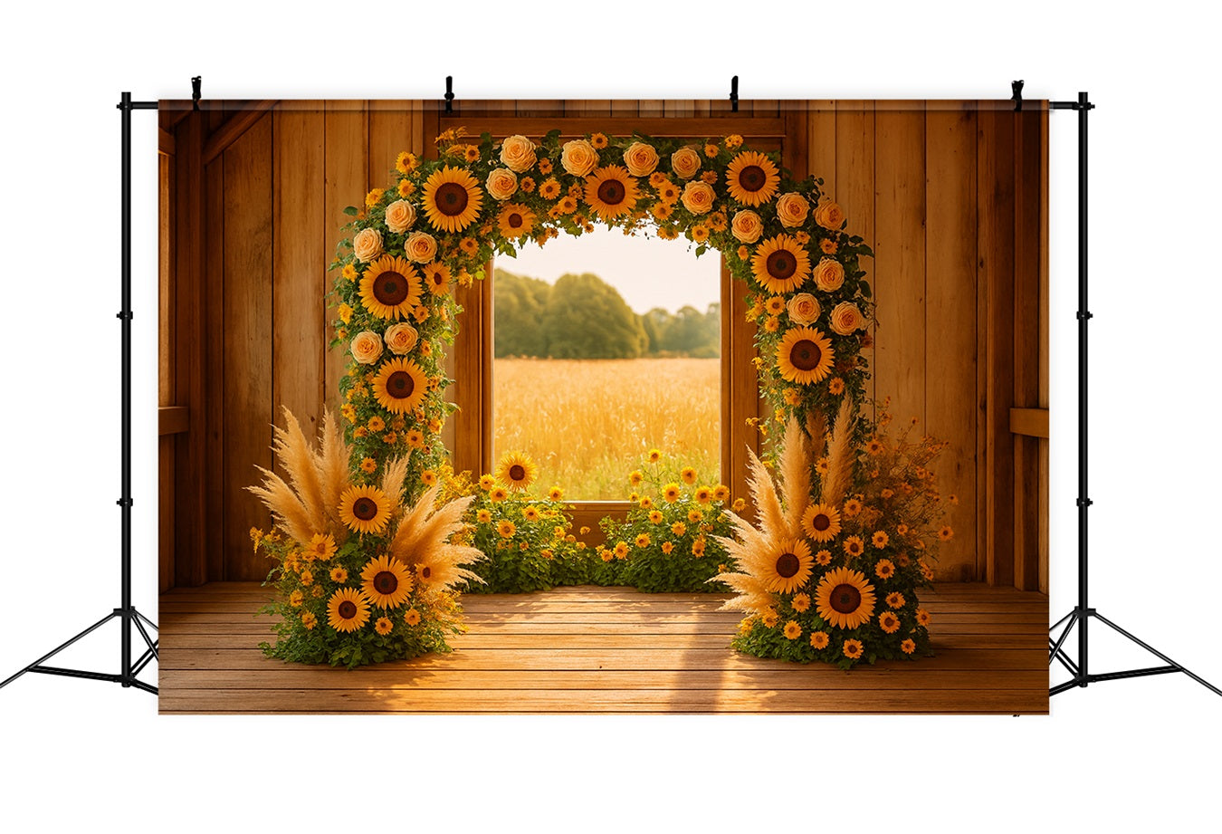 Fall Backdrop Sunflower Arch Rustic Barn Thanksgiving Backdrop Ideas LXX510-33