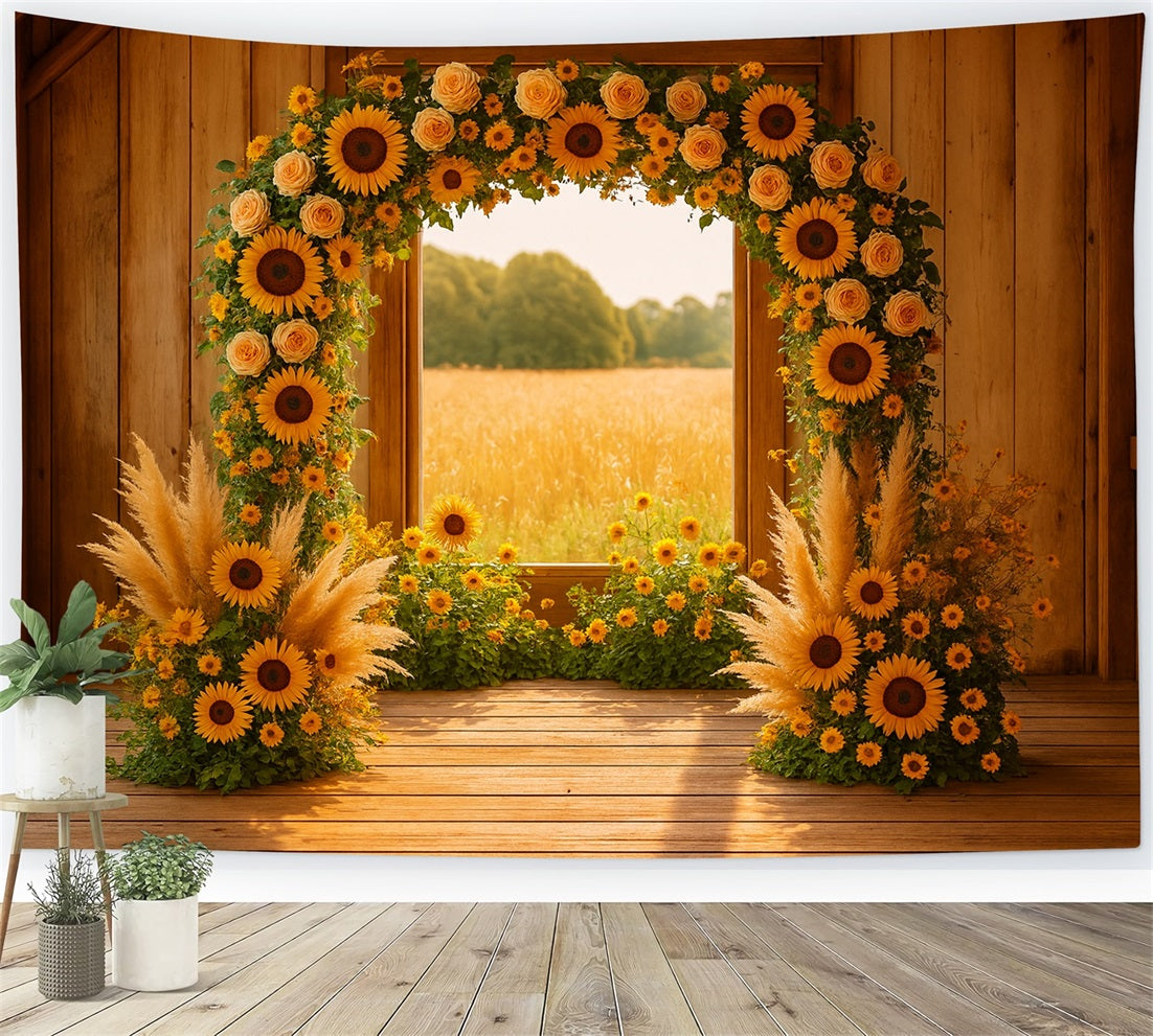 Fall Backdrop Sunflower Arch Rustic Barn Thanksgiving Backdrop Ideas LXX510-33
