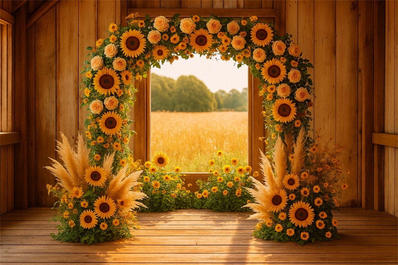 Fall Backdrop Sunflower Arch Rustic Barn Thanksgiving Backdrop Ideas LXX510-33