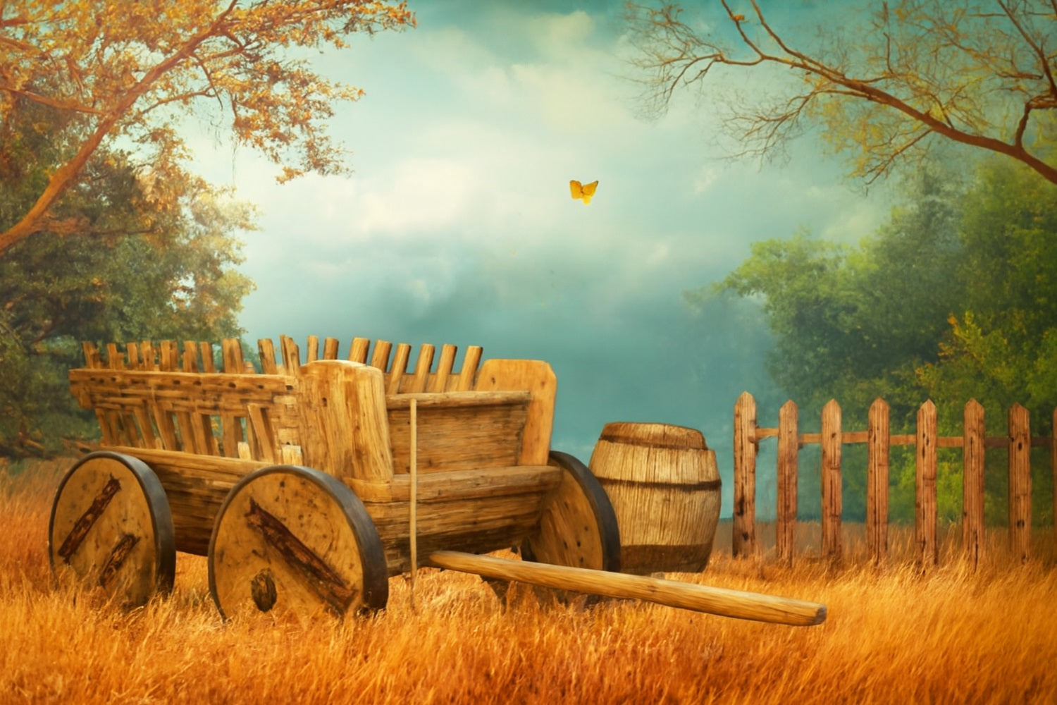Farm Backdrop Wooden Cart Autumn Meadow Thanksgiving Photo Backdrops LXX510-34