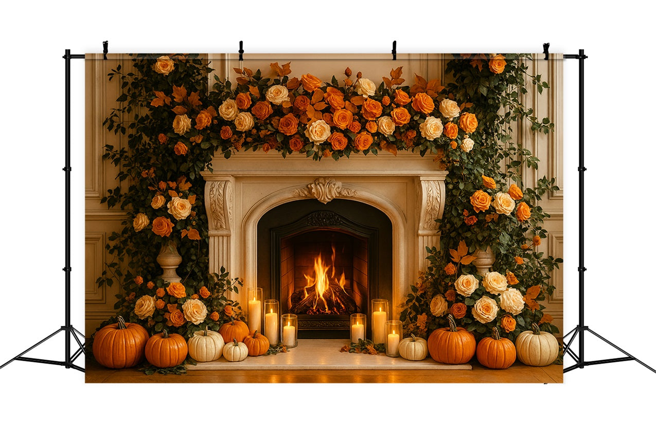 Fall Backdrop Fireplace Roses Candle Glow Thanksgiving Backdrop LXX510-36