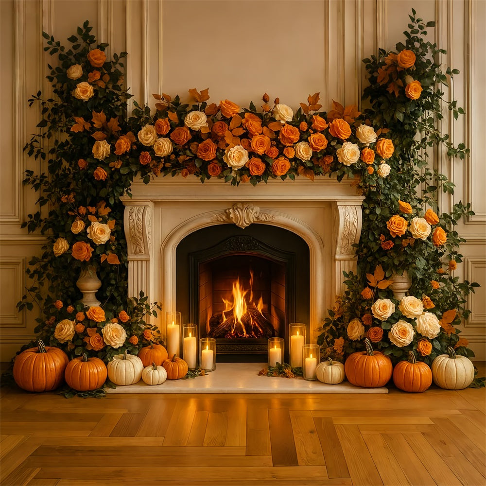 Fall Backdrop Fireplace Roses Candle Glow Thanksgiving Backdrop LXX510-36