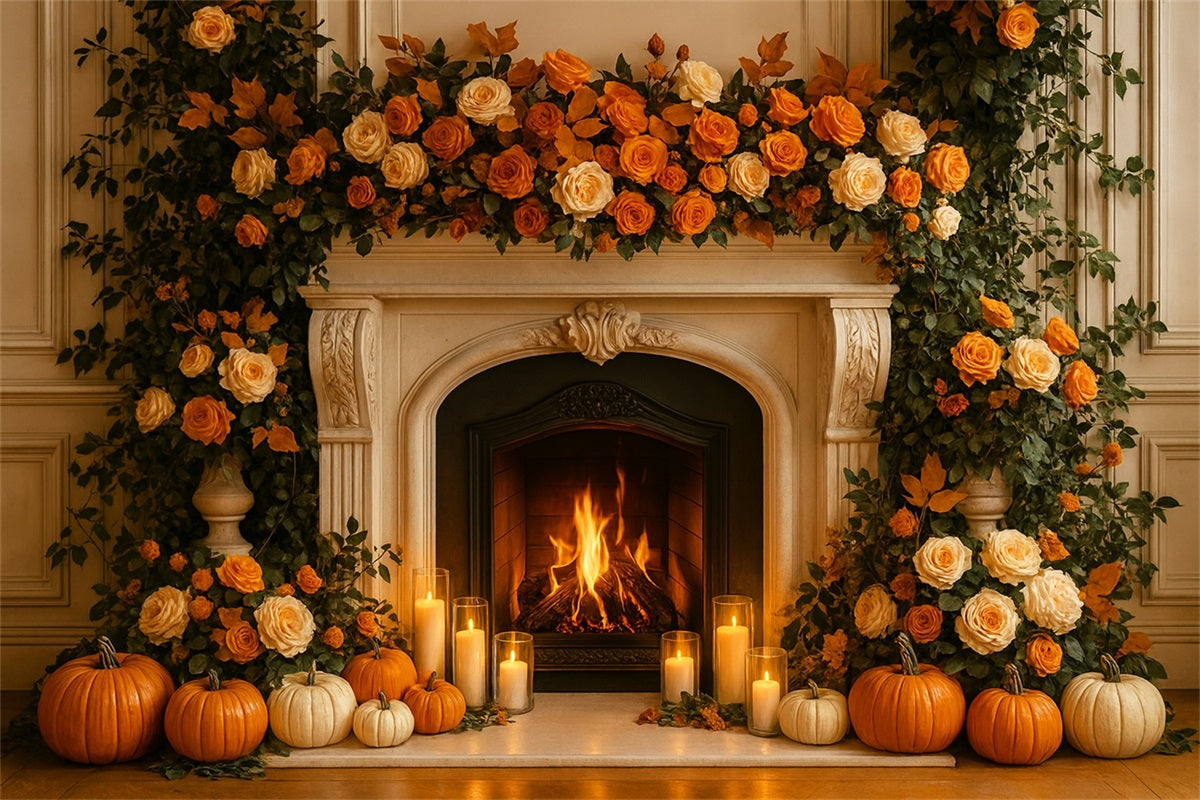 Fall Backdrop Fireplace Roses Candle Glow Thanksgiving Backdrop LXX510-36