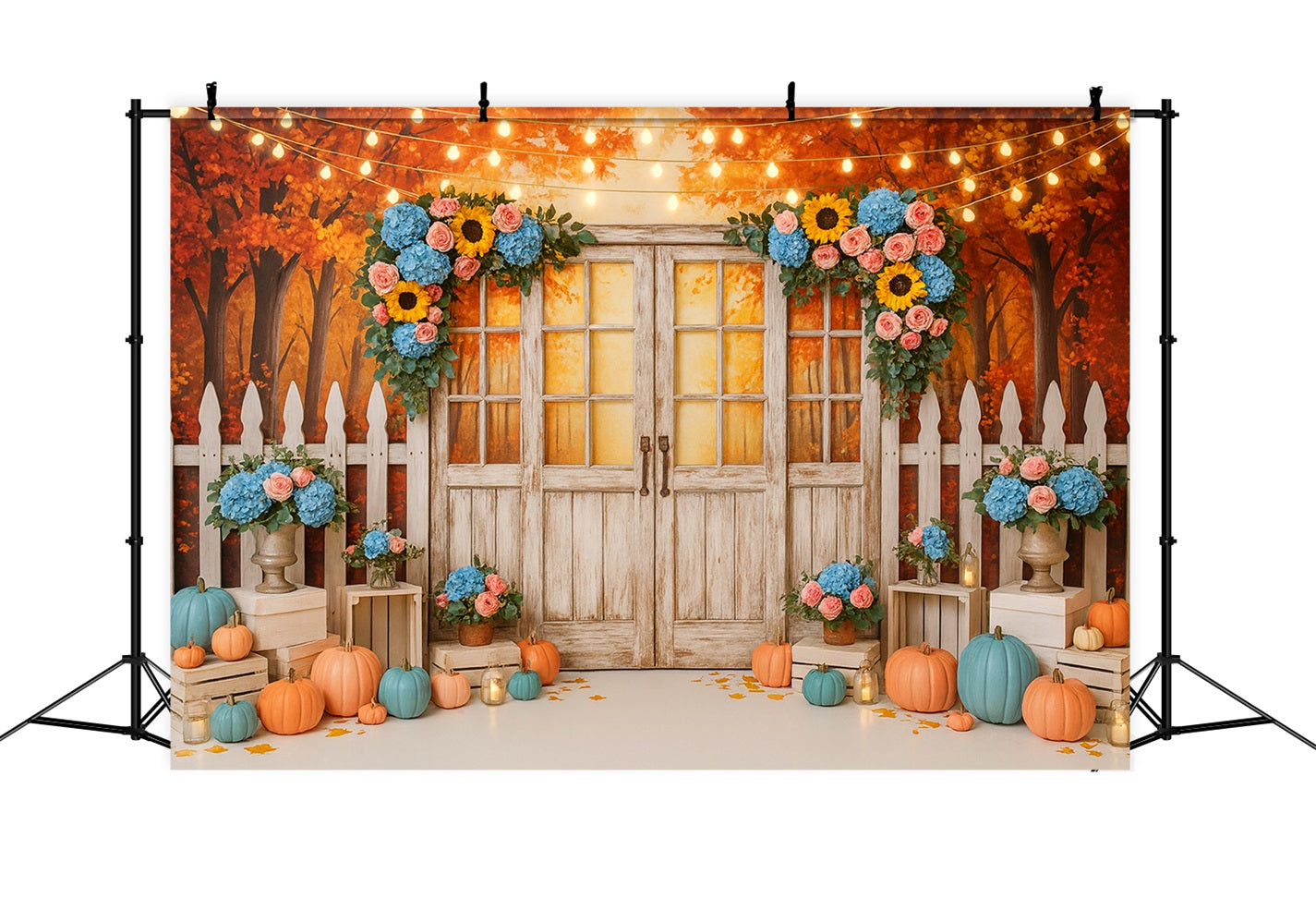 Fall Backdrop Rustic Door Floral Lights Thanksgiving Photo Backdrop LXX510-37