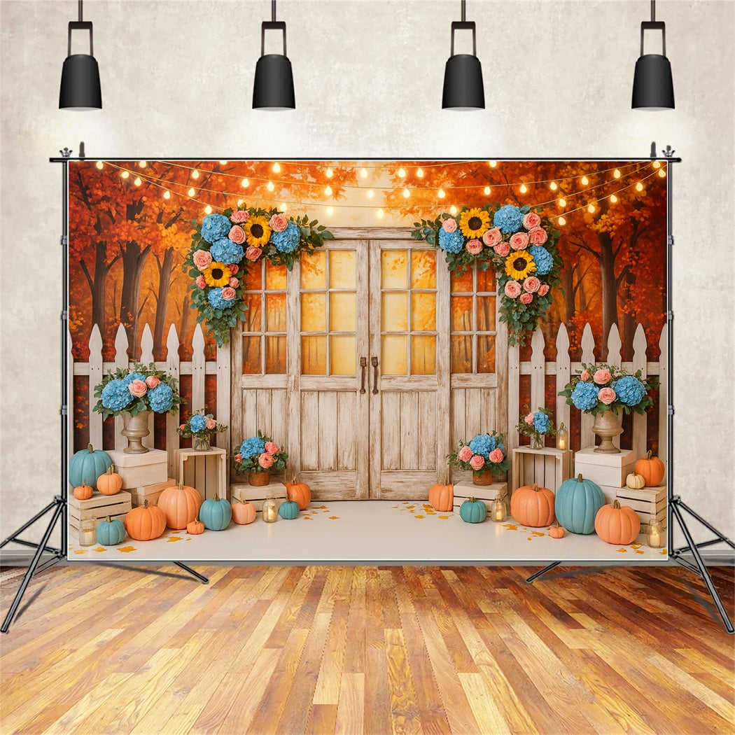 Fall Backdrop Rustic Door Floral Lights Thanksgiving Photo Backdrop LXX510-37